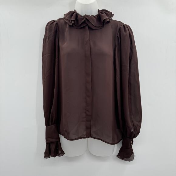 Vintage Augie Ruffle Neck Sheer Button Up Blouse S/M* Chocolate Brown Victorian - Picture 1 of 12